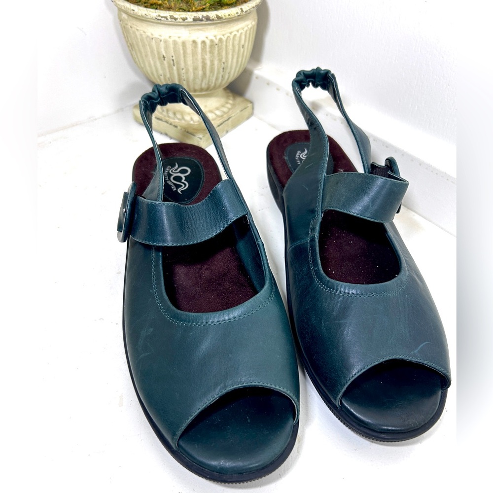 GRAVITY DEFYER Comfy Support Sandals Dark Aqua Leather Peep Toe Slingback 9-10